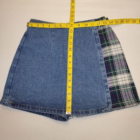 Not Guilty Vintage 90s Denim and Green Plaid Mini Skort Shorts + Skirt Grunge - Picture 10 of 13